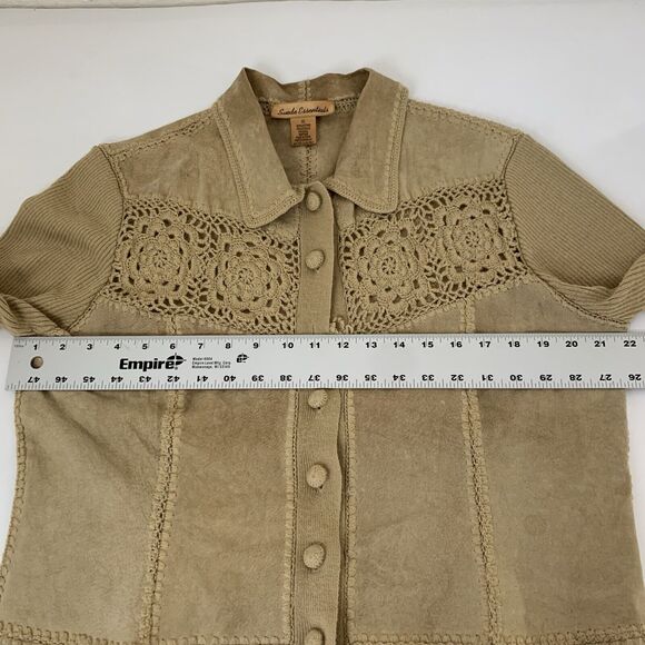 Suede Essentials Shacket Shirt Jacket Women XL Tan Crochet Knit Button Leather - Picture 5 of 7